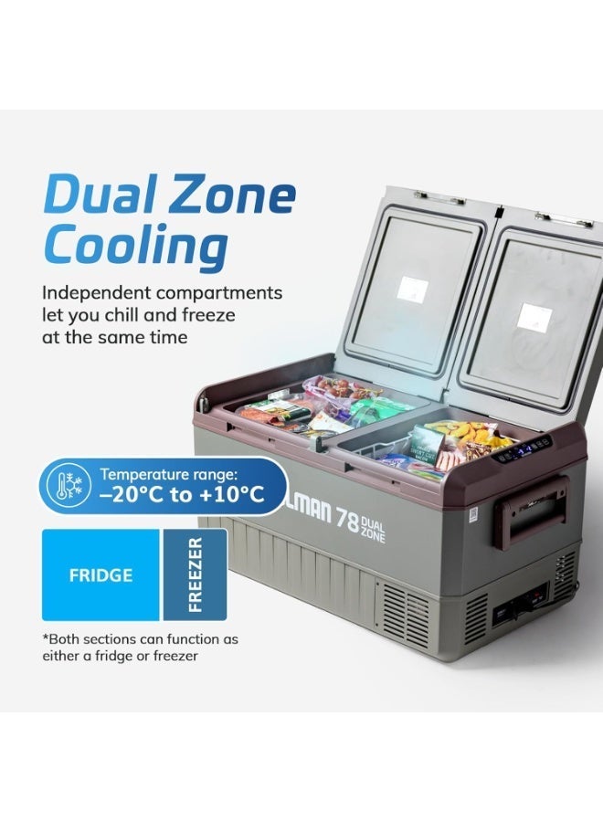 myCOOLMAN 78 سلسلة الترفيه ذات المنطقتين – ثلاجة ومجمد محمول بسعة 78 لتر، –20 °م إلى +10 °م مناطق مزدوجة قابلة للتعديل، 12/24 فولت تيار مستمر، تحكم عبر تطبيق بلوتوث، حماية البطارية وتصميم منخفض الملف - Image 4